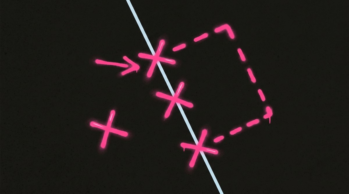 Fluoro pink surveyor setting-out crosses, arrow and dashed perimeter line with a snapped chalk string line