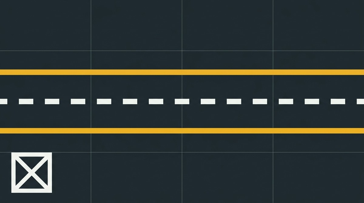 Warehouse floor lanes marked with solid yellow edge lines and a white dashed centre line