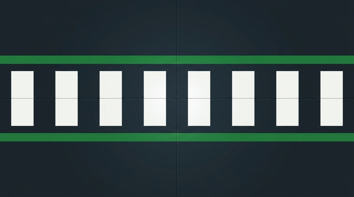 Pedestrian walkway marked with green edge lines and white zebra crossing bars